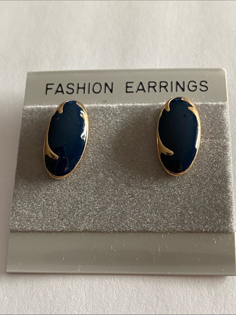 Gold-Trim Navy Oval Enamel Stud Earrings